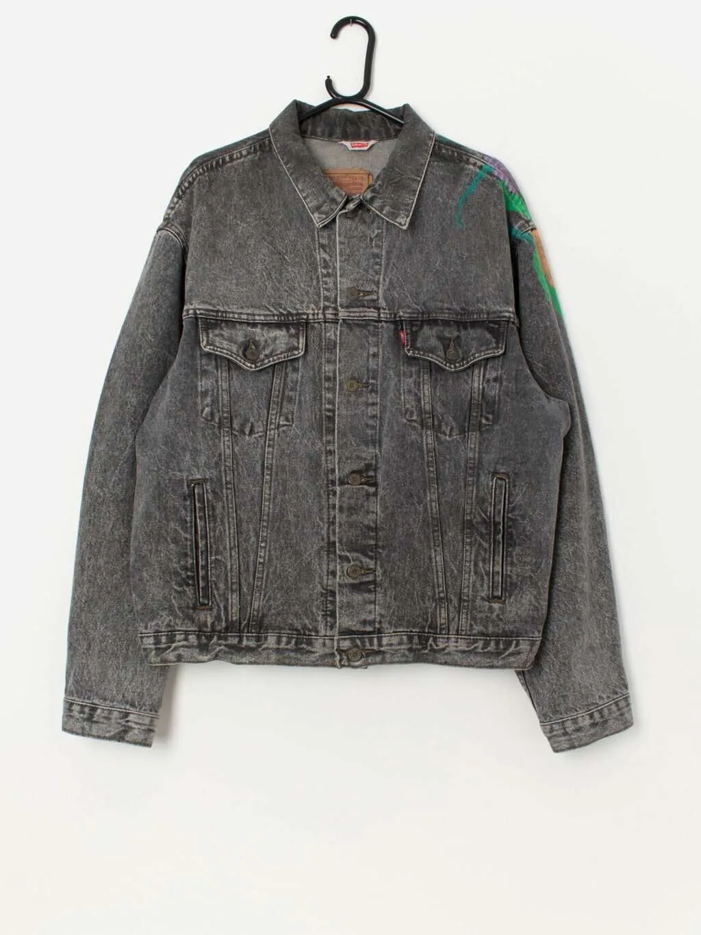 80s vintage customised Levis stonewash trucker denim jacket with a painted back – Large / XL