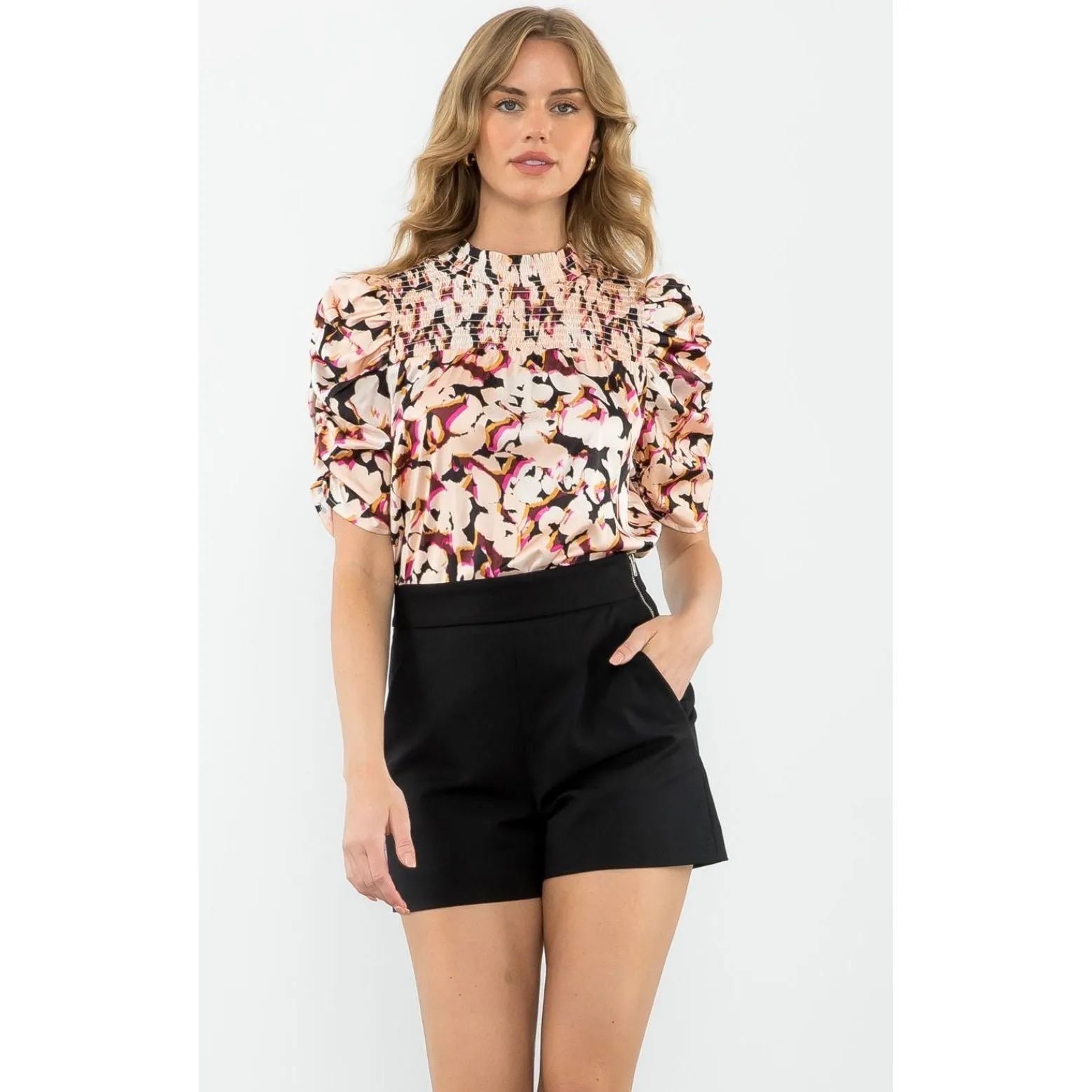 Alison Ruched Sleeve Printed THML Top-SALE