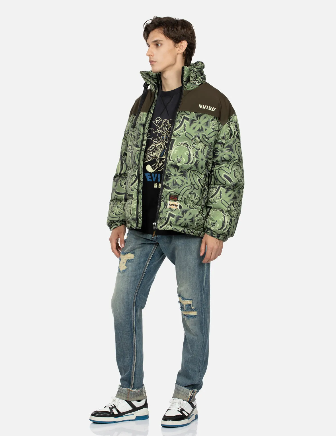 Allover Godhead and Kamon Daicock Print Loose Fit Down Jacket