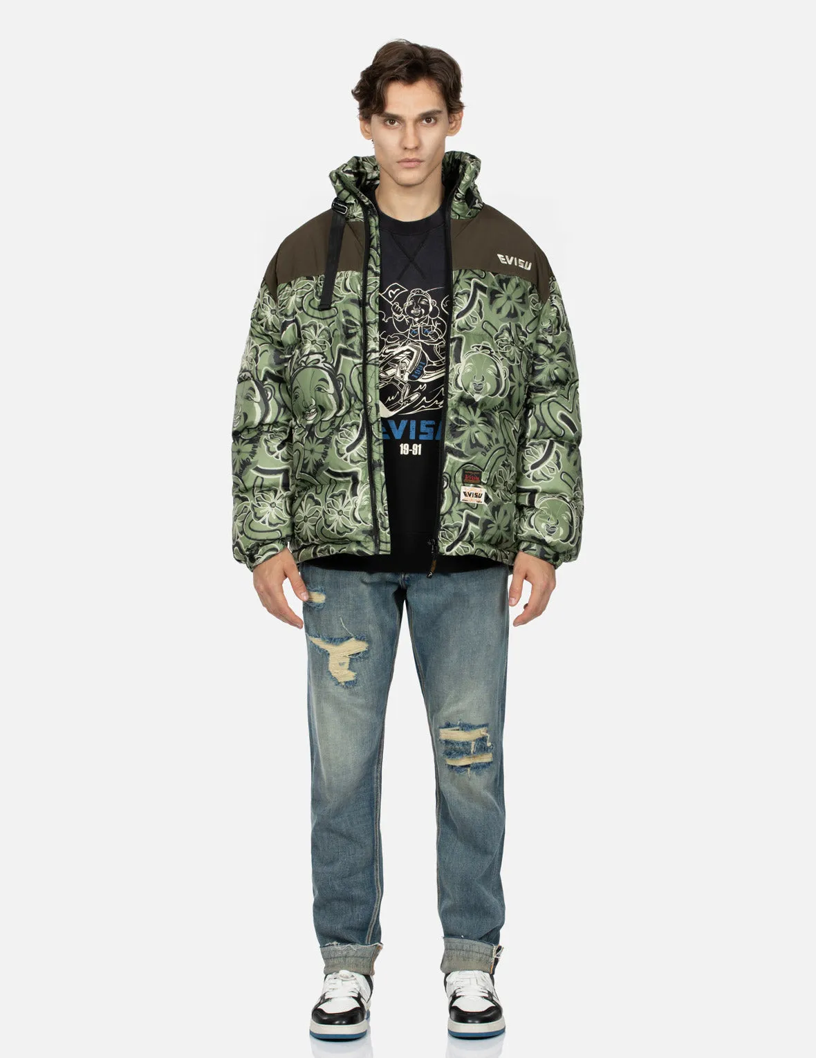 Allover Godhead and Kamon Daicock Print Loose Fit Down Jacket