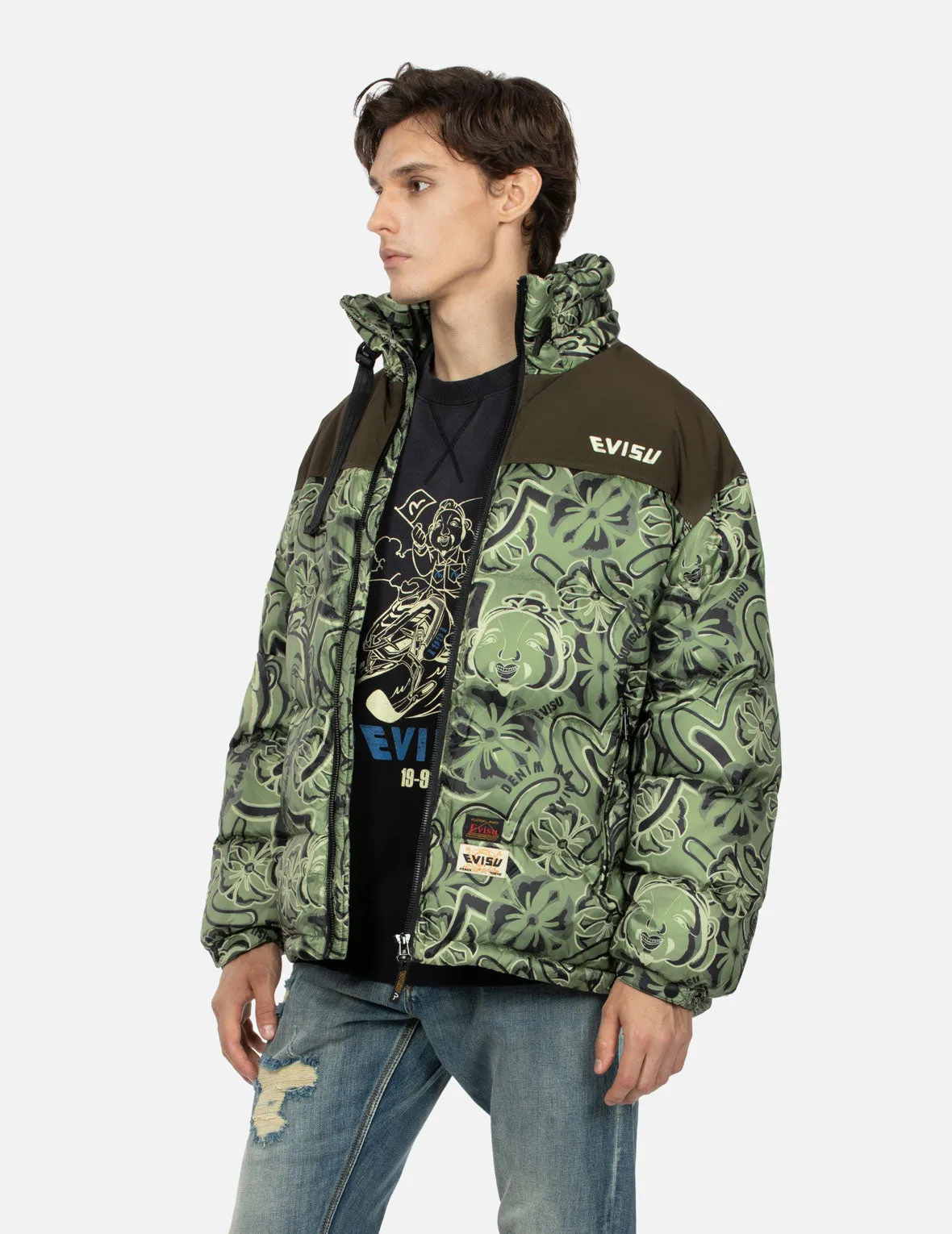 Allover Godhead and Kamon Daicock Print Loose Fit Down Jacket