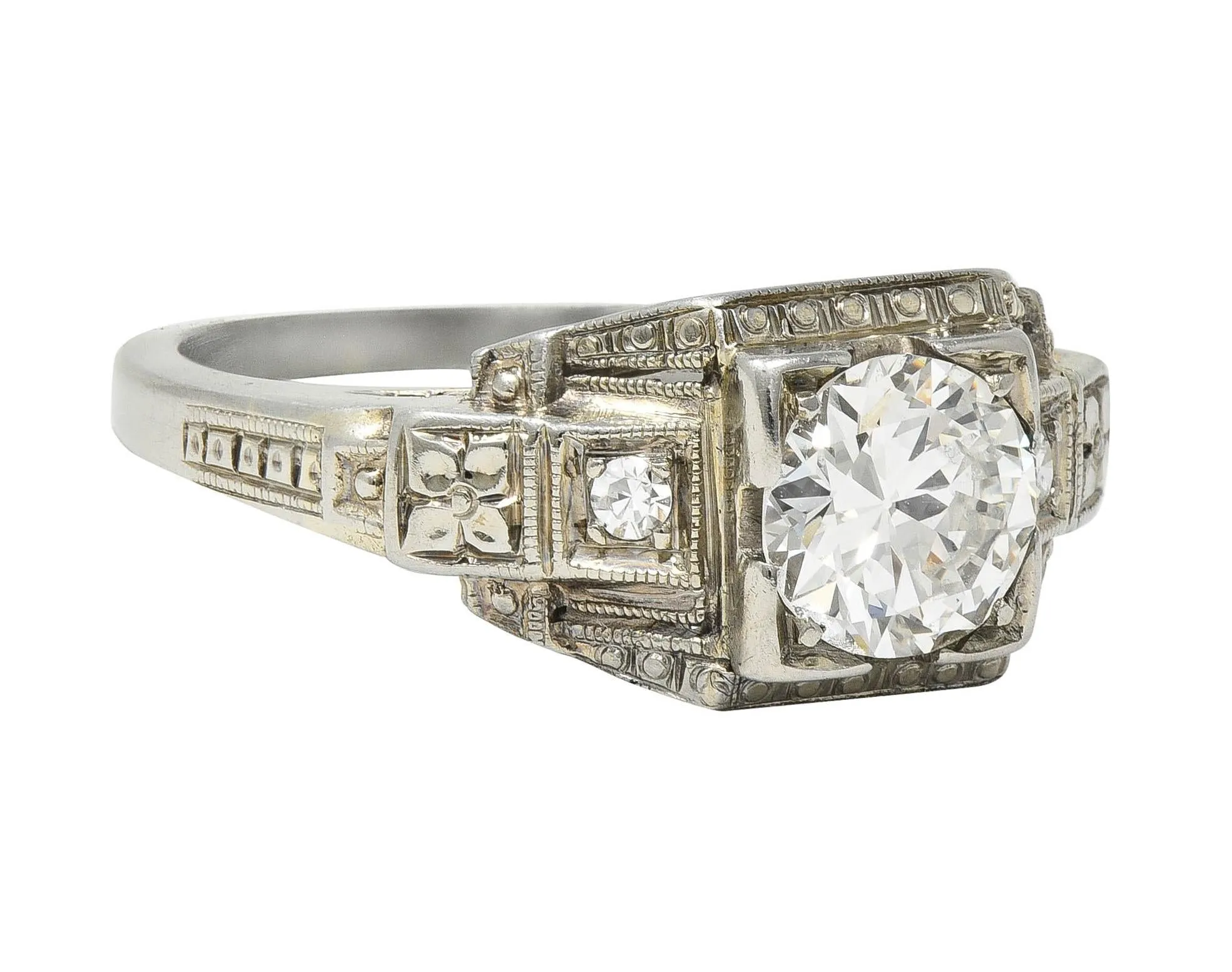 Art Deco 0.65 CTW Diamond 18 Karat White Gold Greek Key Orange Blossom Vintage Engagement Ring