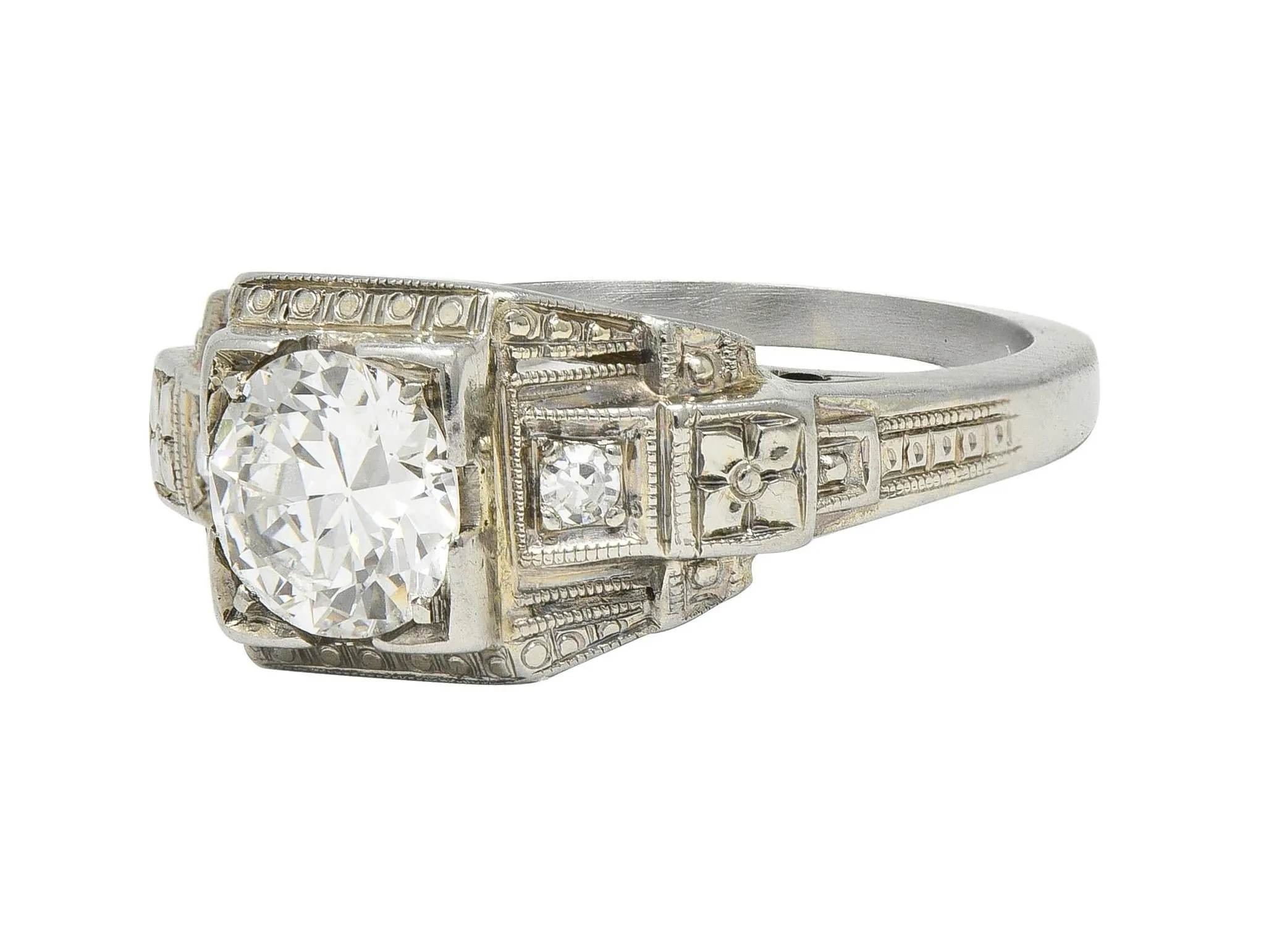 Art Deco 0.65 CTW Diamond 18 Karat White Gold Greek Key Orange Blossom Vintage Engagement Ring