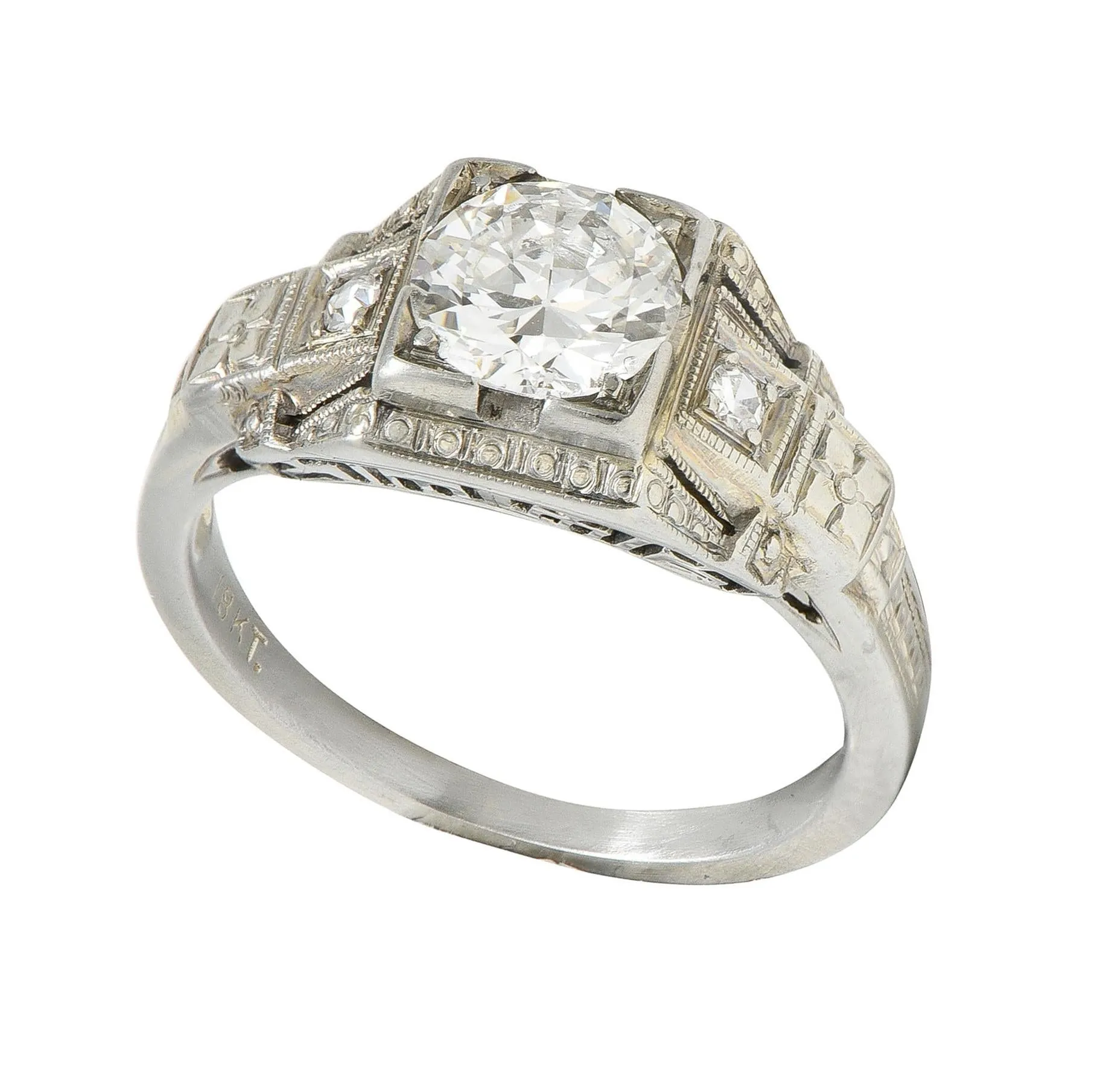 Art Deco 0.65 CTW Diamond 18 Karat White Gold Greek Key Orange Blossom Vintage Engagement Ring