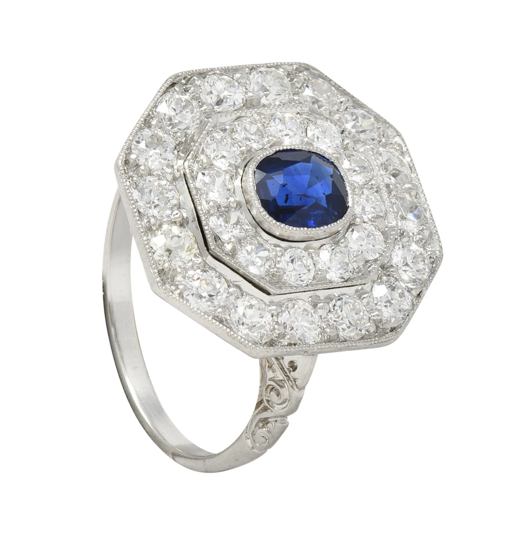 Art Deco 2.86 CTW Sapphire Old European Cut Platinum Vintage Cluster Dinner Ring