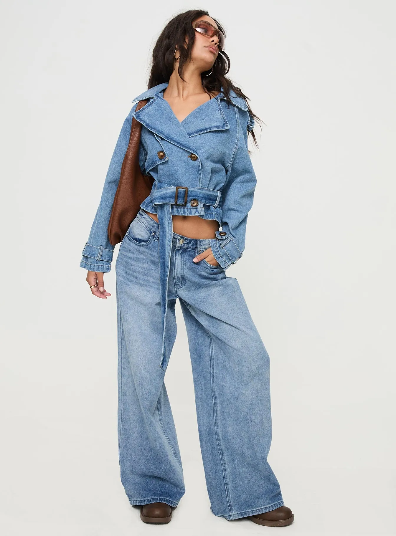 Aurelio Cropped Denim Trench Coat Light Denim Wash