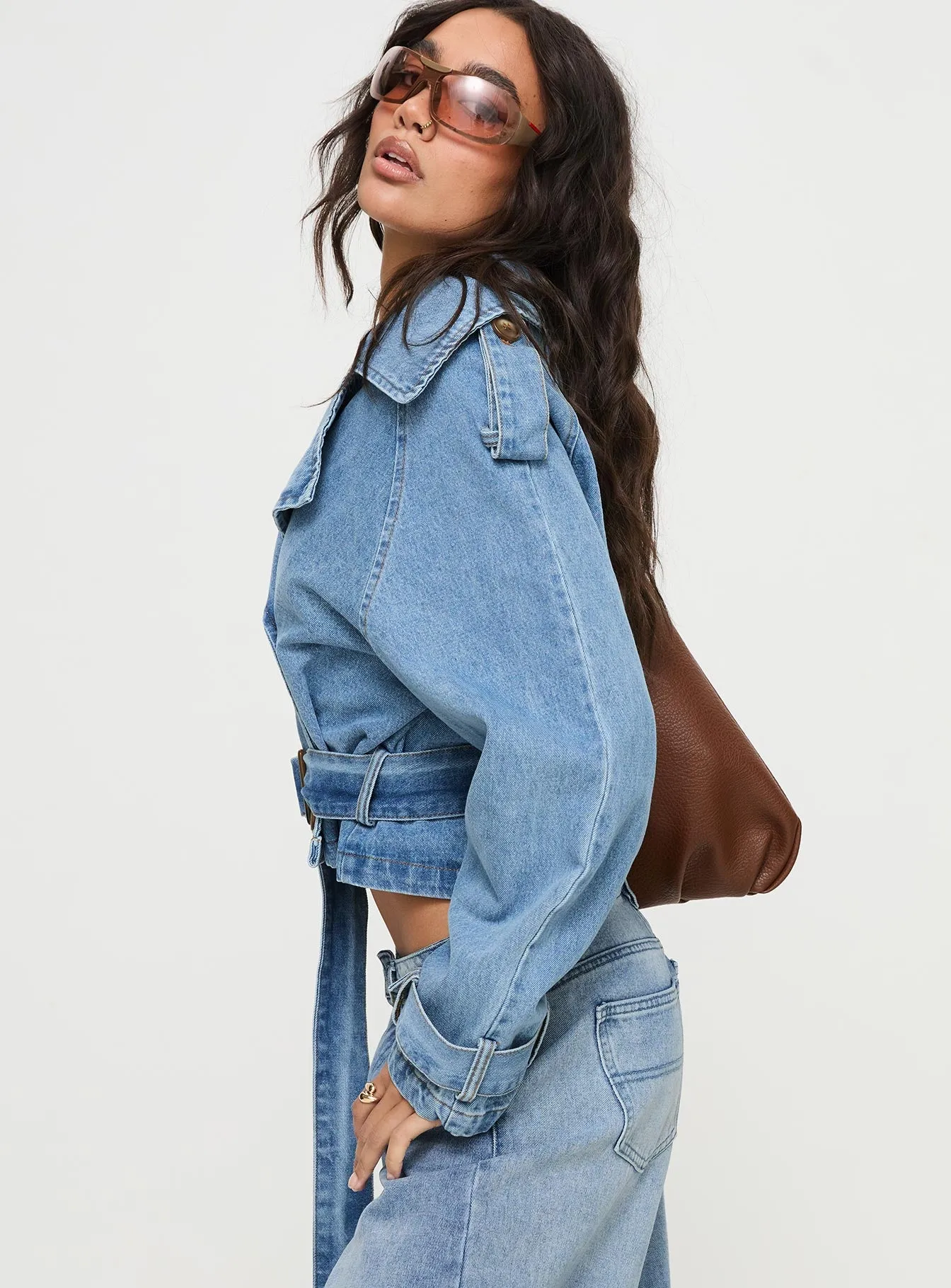 Aurelio Cropped Denim Trench Coat Light Denim Wash