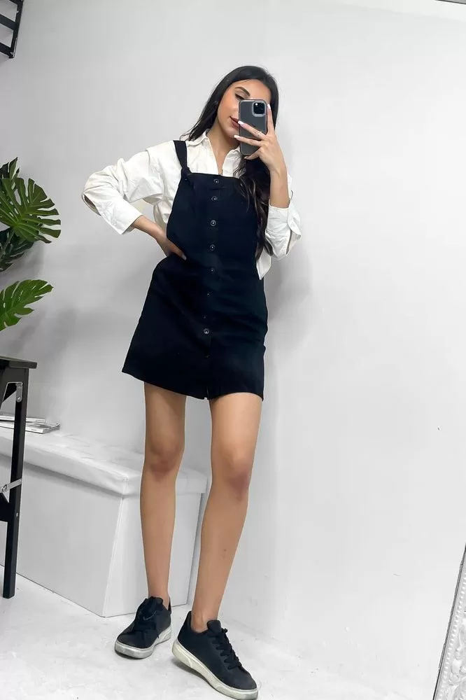 Black Button Placket Classic Denim Pinafore Dress