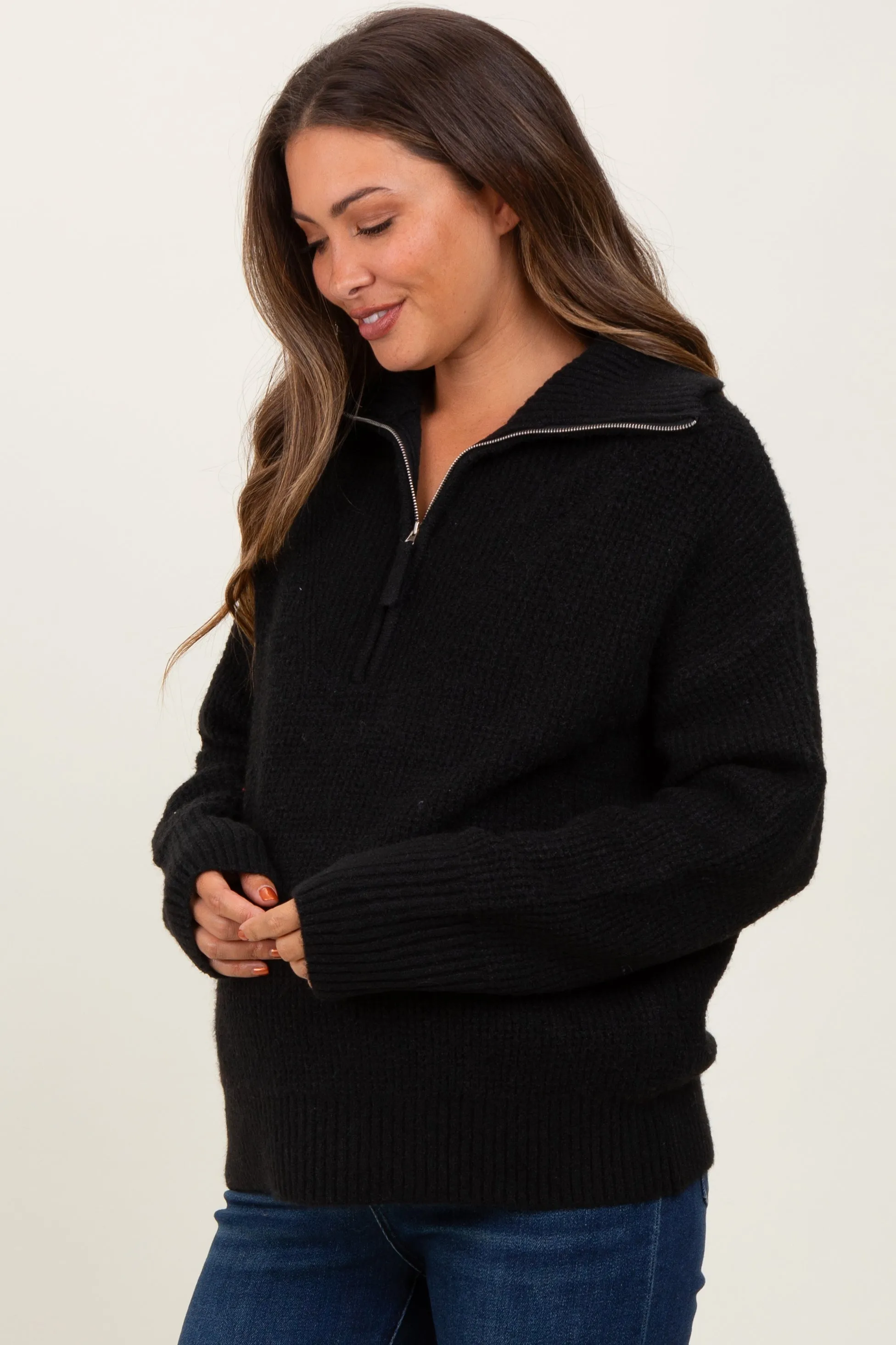 Black Half Zip Maternity Pullover Sweater