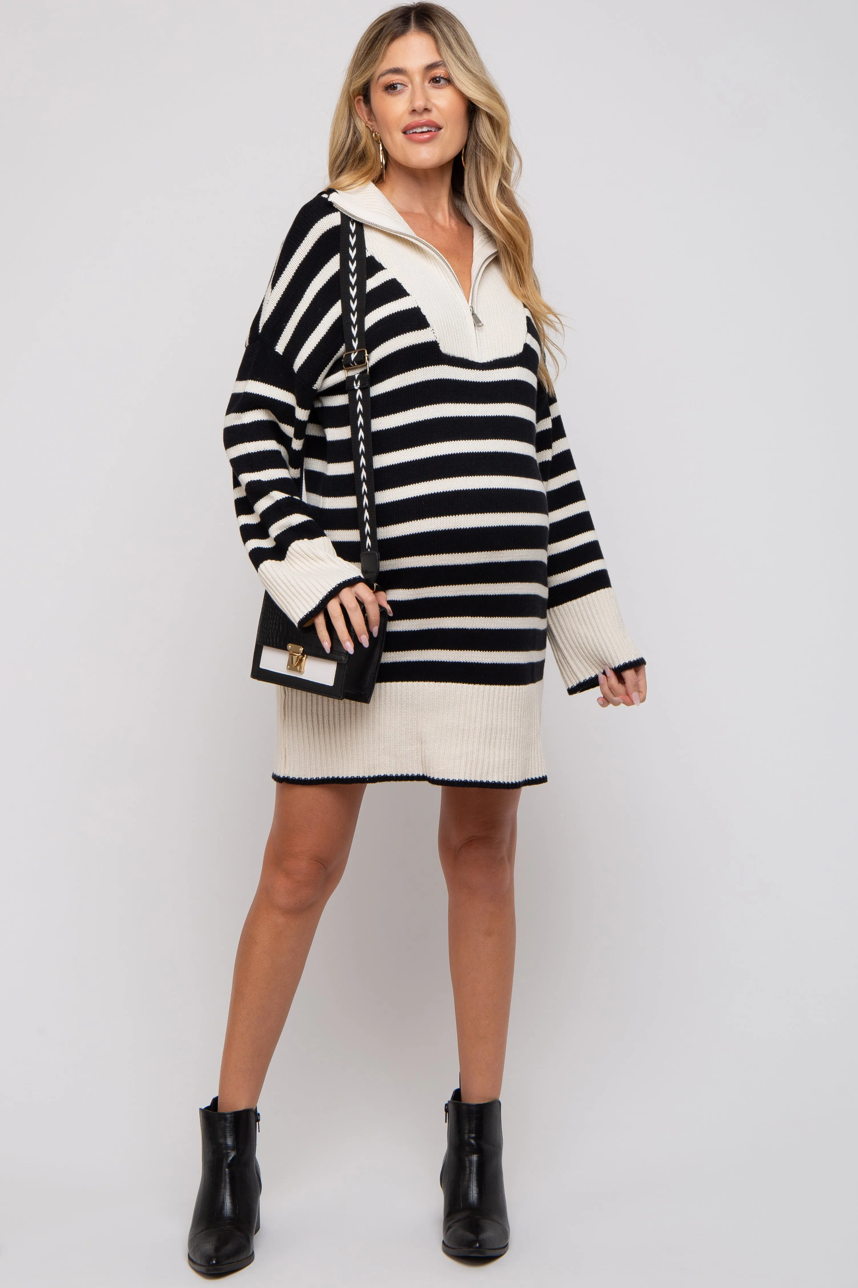 Black Striped Zipper Front Collared Maternity Sweater Dress