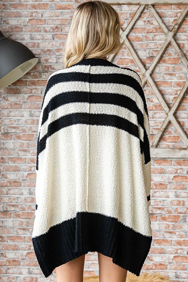 Black Textured Knit Striped Oversized Cardigan