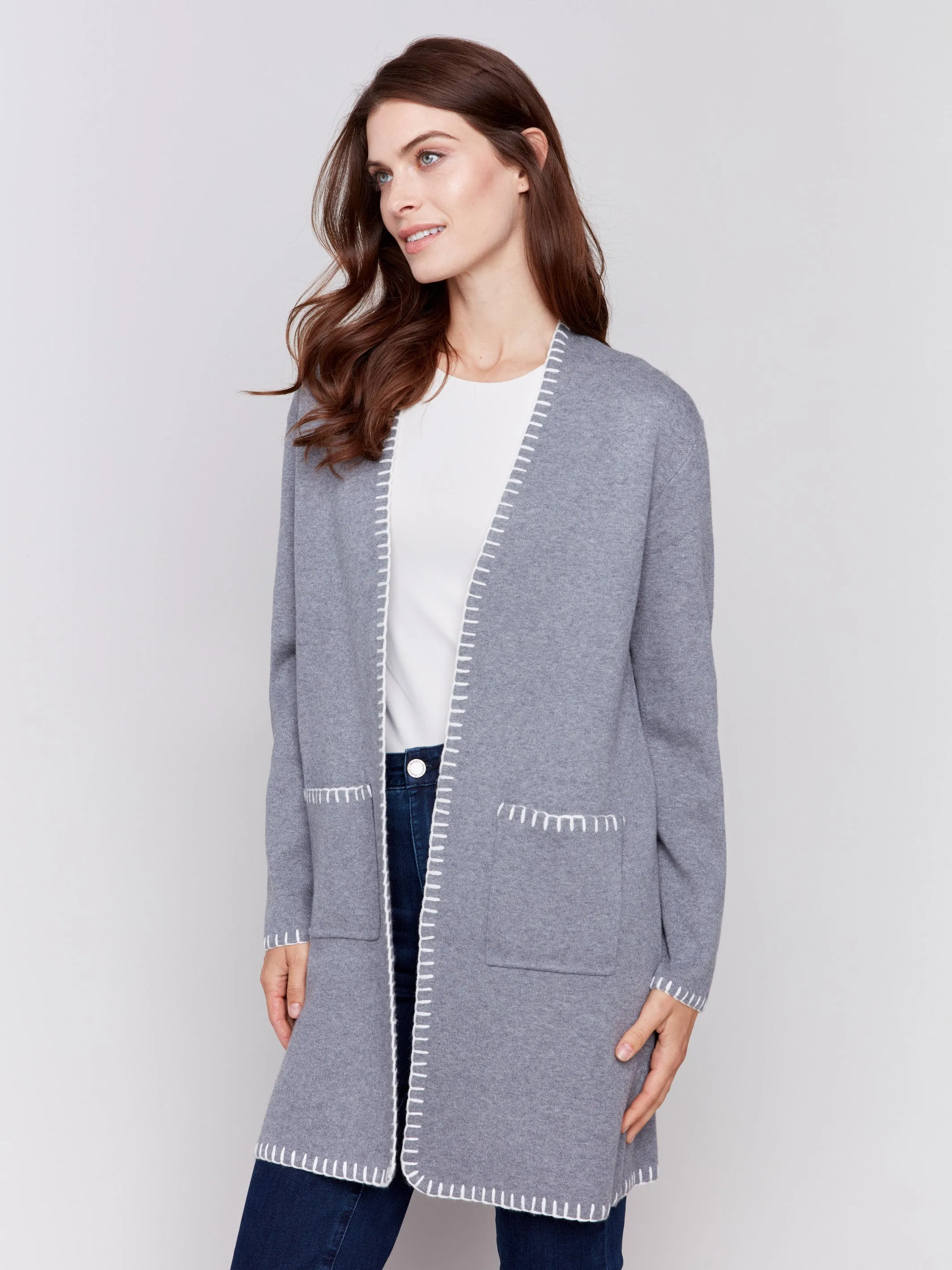 Blanket Stitch Long Cardigan - Grey