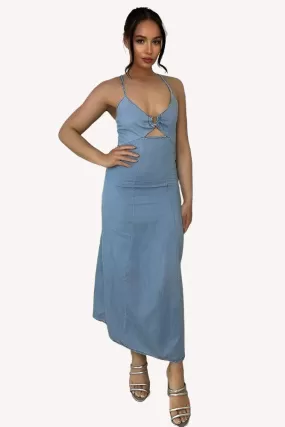 Blue Denim Strappy Peek-a-boo Midi Dress