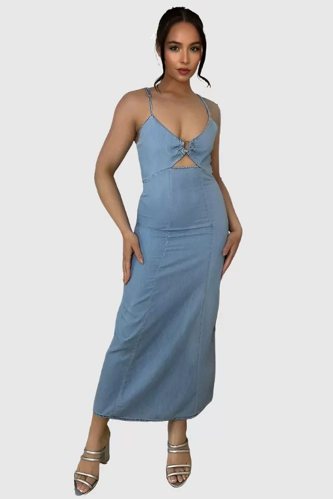 Blue Denim Strappy Peek-a-boo Midi Dress