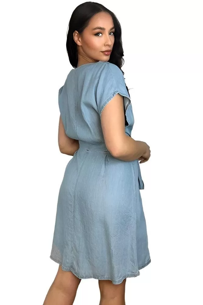 Blue Denim V-Neck Drawstring Waist Dress