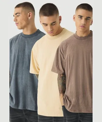 boohooMAN Mens 3 Pack Acid Wash Extended Neck Oversized T-shirt