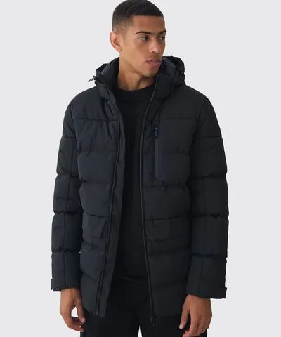 boohooMAN Mens Mid Length Hooded Puffer In Black