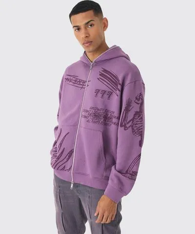 boohooMAN Mens Oversized AOP Doodle Zip Through Hoodie