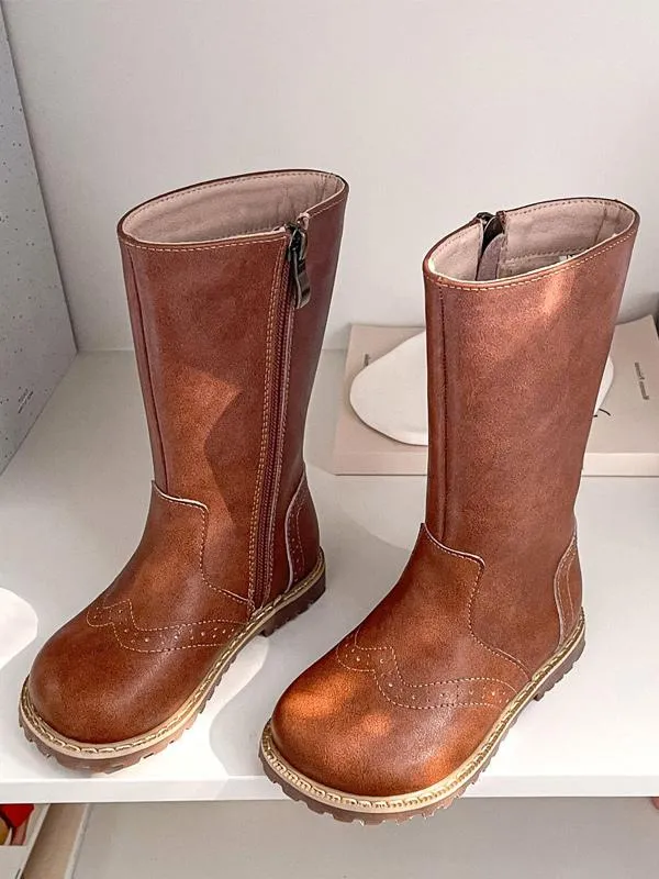 Brown Girl's Boots Roun Toe Zip Up Boots