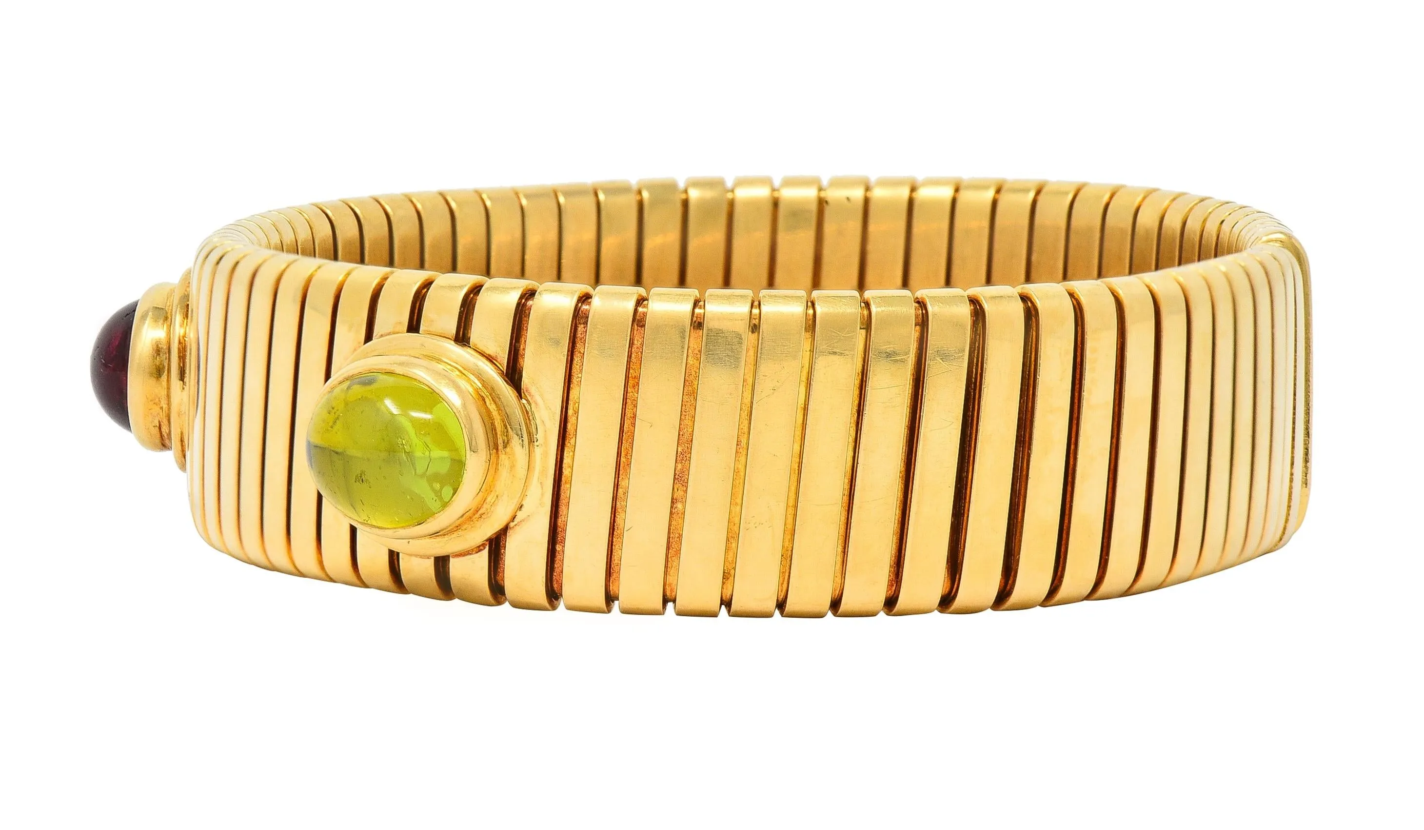 Bulgari 1980s Multi-Gem 18 Karat Yellow Gold Tubogas Vintage Cuff Bracelet