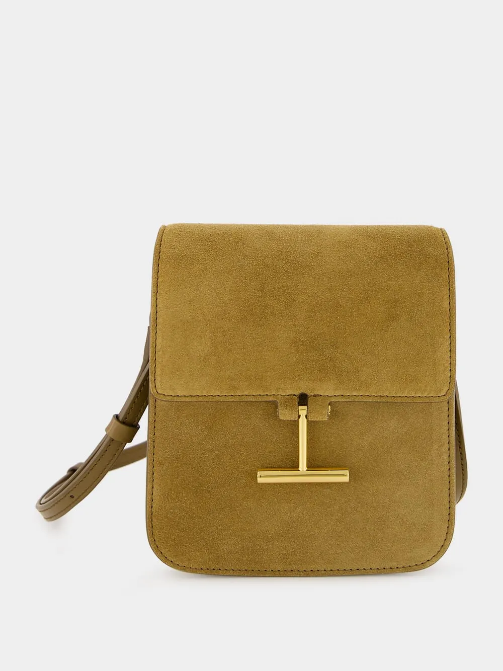 Camel Suede Crossbody Bag with T Hardware