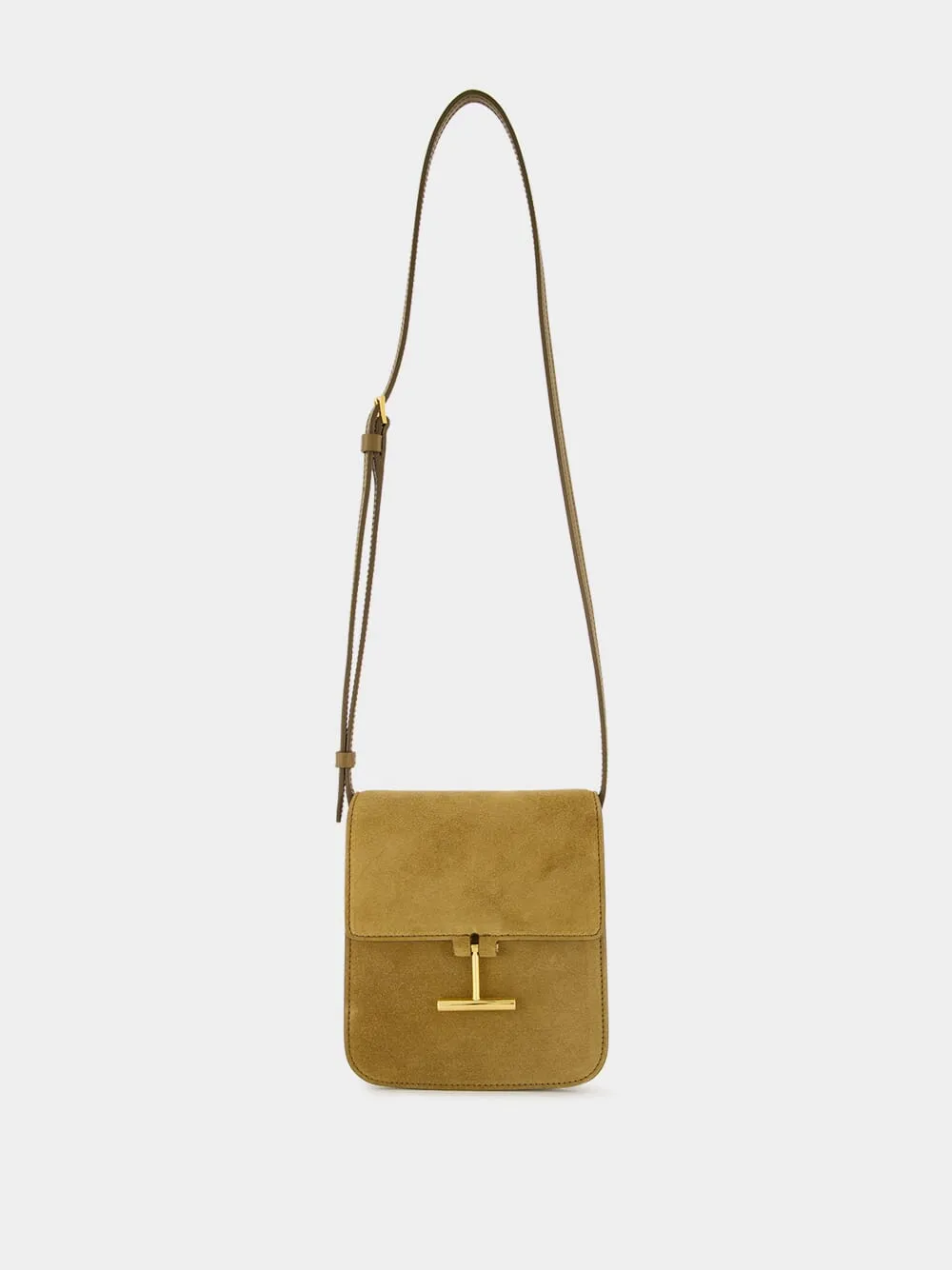 Camel Suede Crossbody Bag with T Hardware