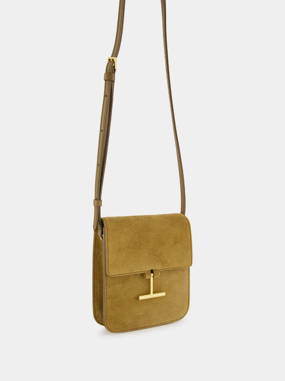 Camel Suede Crossbody Bag with T Hardware