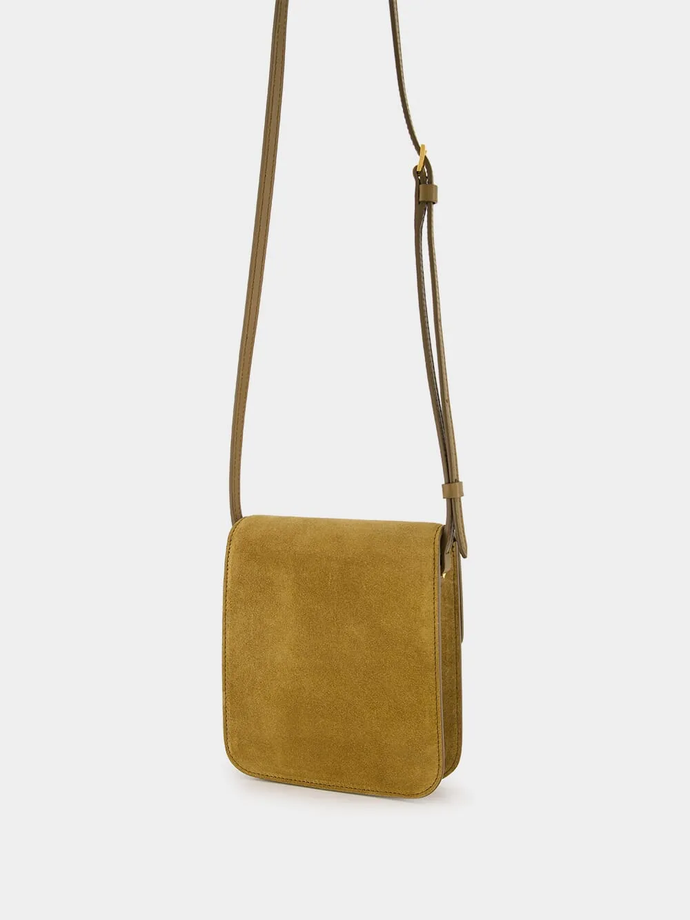 Camel Suede Crossbody Bag with T Hardware