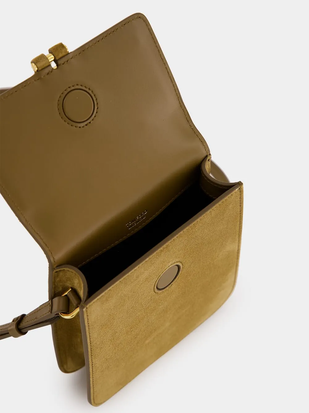 Camel Suede Crossbody Bag with T Hardware