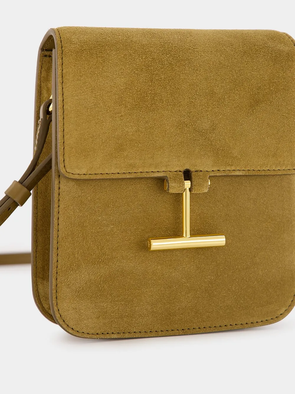 Camel Suede Crossbody Bag with T Hardware