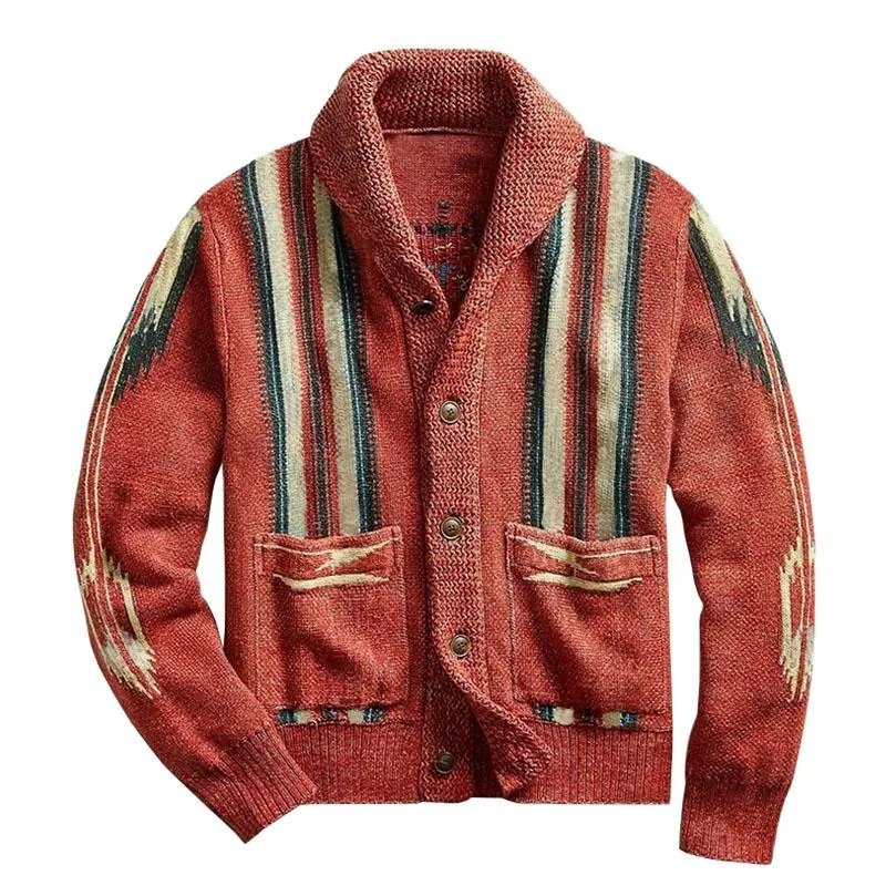 Cardigan à Col Revers Tricoté Jacquard Vintage Homme