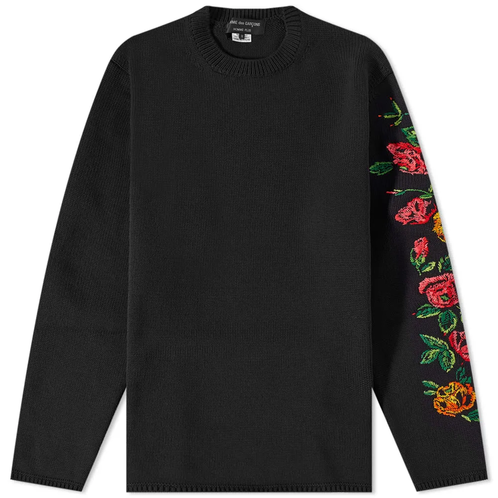 Comme Des Garçons Homme Plus Roses Sleeve Embroidery Crew KnBlack