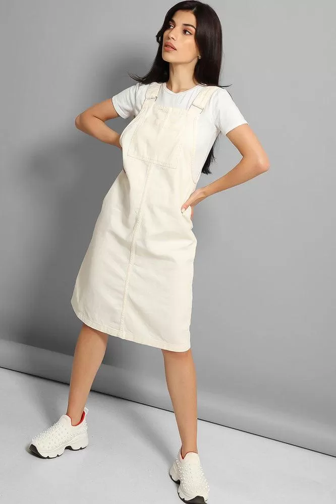 Cream Fine Denim Midi Pinafore Dress