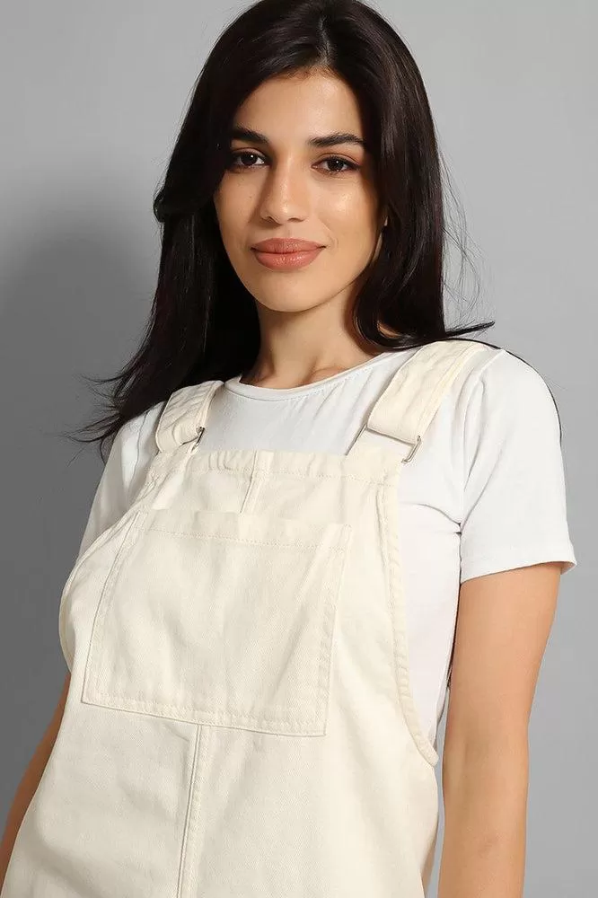 Cream Fine Denim Midi Pinafore Dress