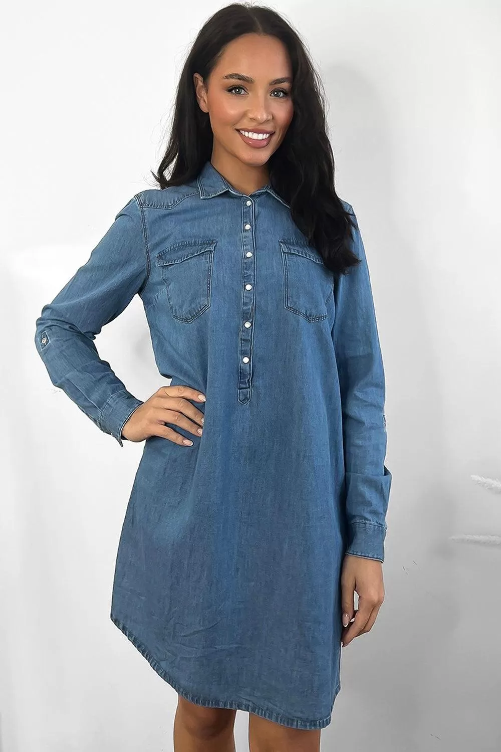 Denim Blue Rolled Sleeves Denim Dress