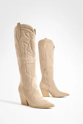 Embroidered Tab Detail Knee Western Cowboy Boots