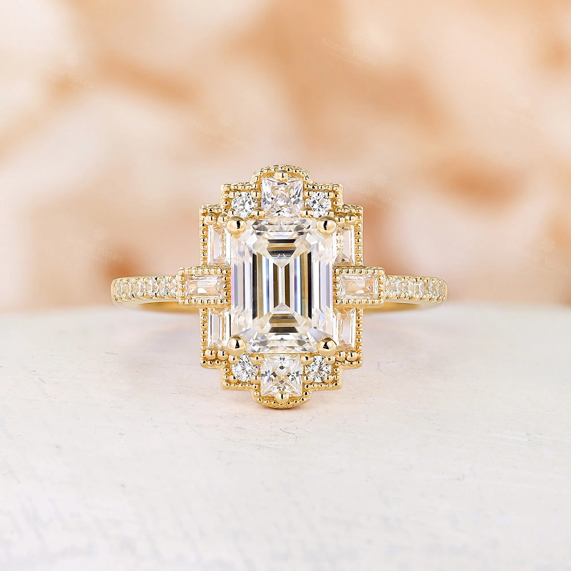 Emerald Cut Art Deco Moissanite Engagement Ring Pave Vintage Milgrain