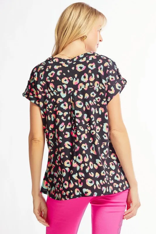 FINAL SALE - Black Multi Print Wrinkle Free Top