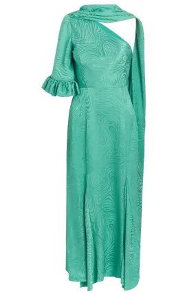 		Fitzgerald Jade Woodcut Jacquard One Shoulder Ruffle Sleeve Midi Dress With Scarf	