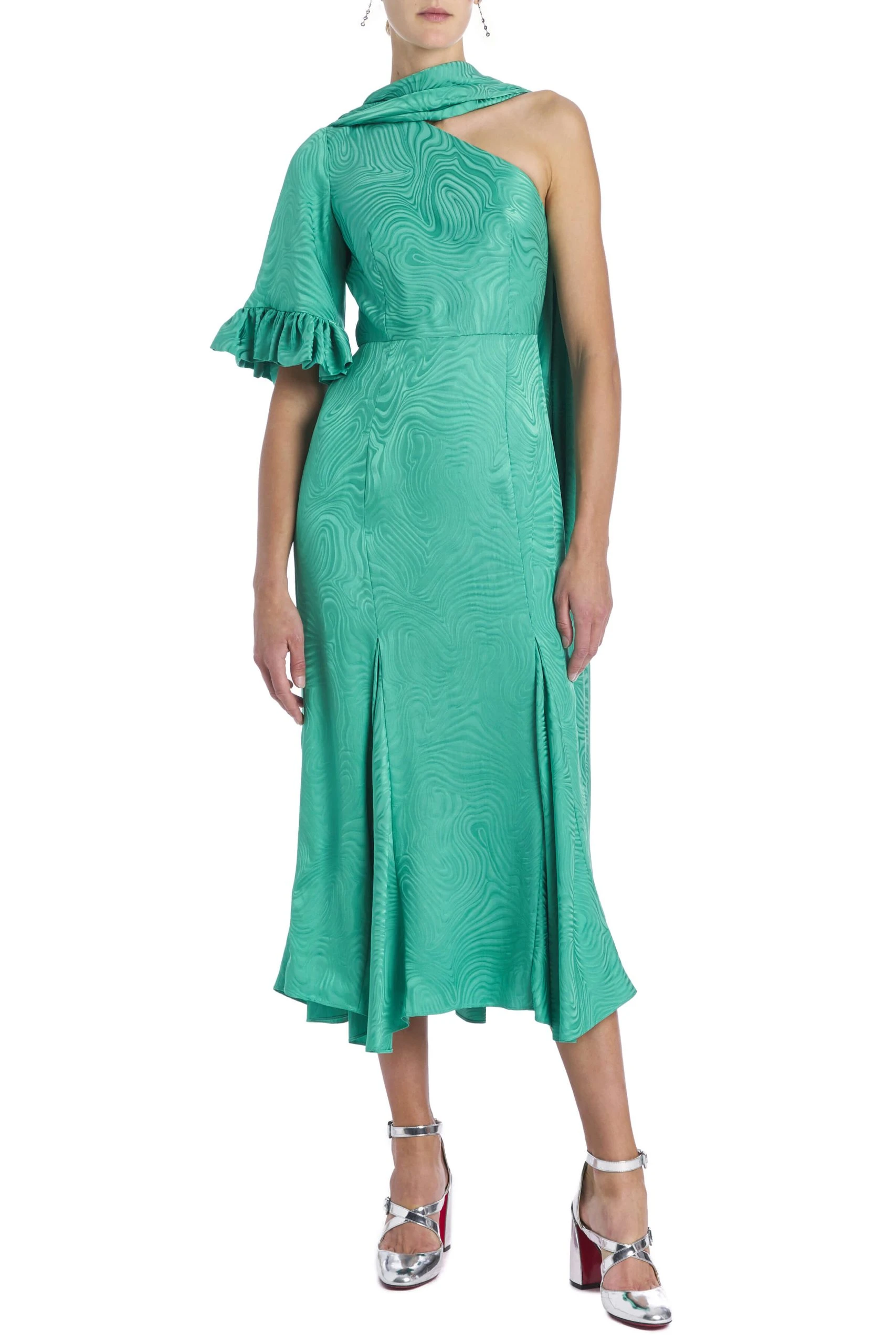 		Fitzgerald Jade Woodcut Jacquard One Shoulder Ruffle Sleeve Midi Dress With Scarf	