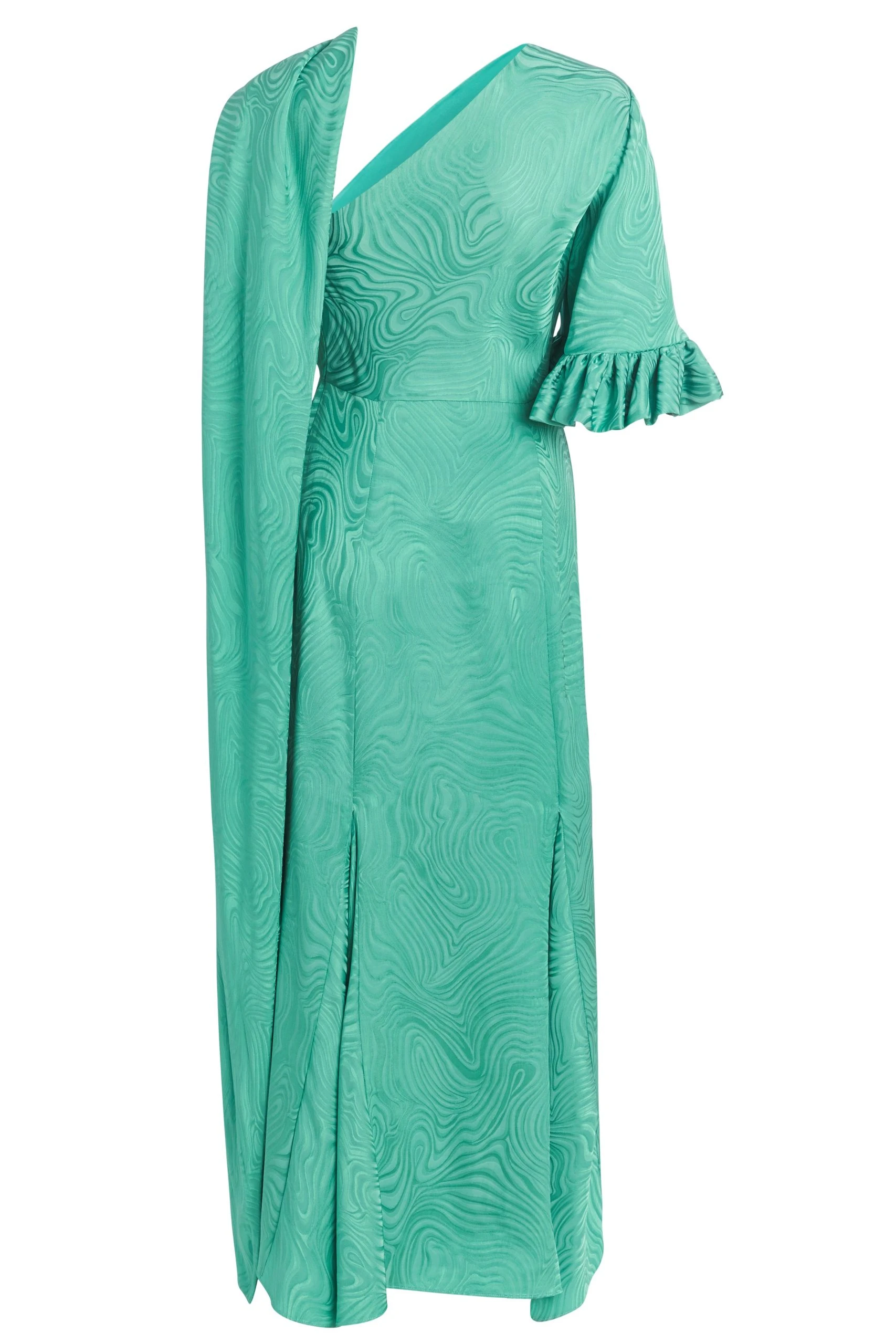 		Fitzgerald Jade Woodcut Jacquard One Shoulder Ruffle Sleeve Midi Dress With Scarf	