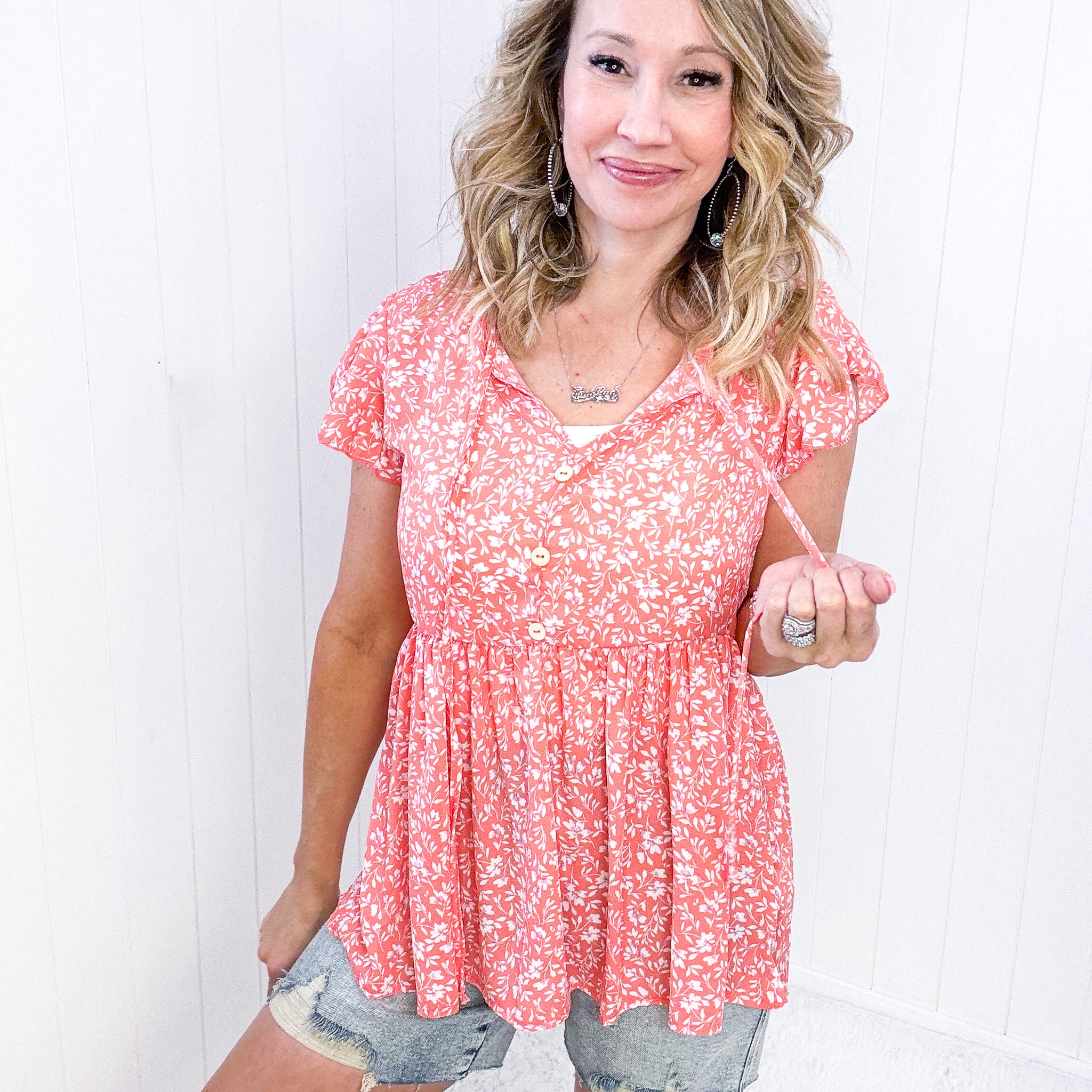 Flirty and Thriving Floral Flutter Sleeve Top in Peach