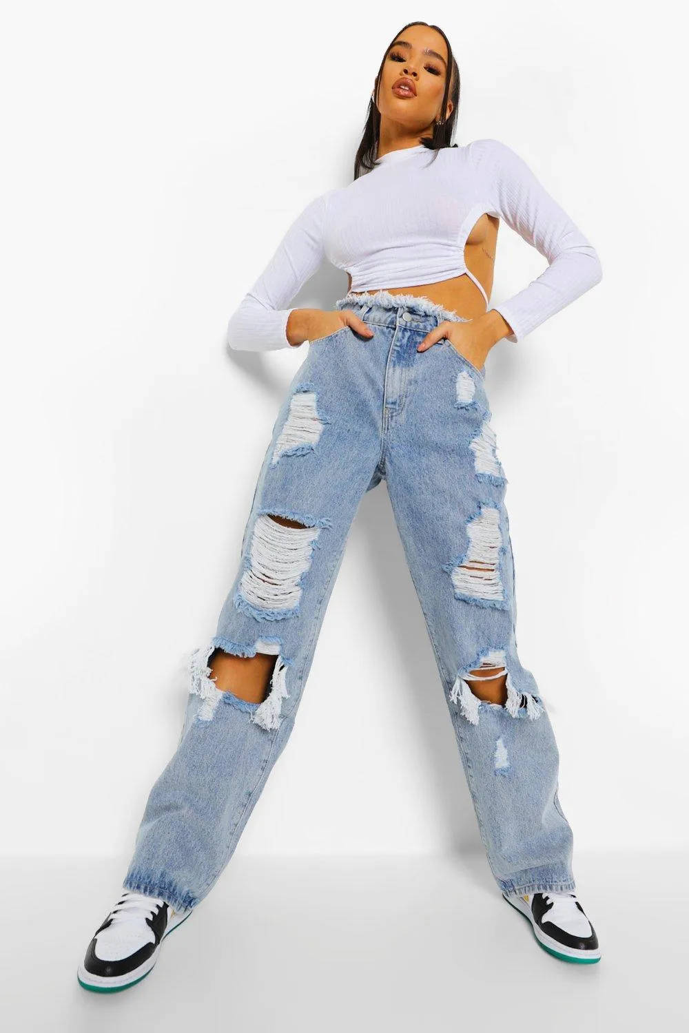 Fray Waistband Distressed Boyfriend Jeans