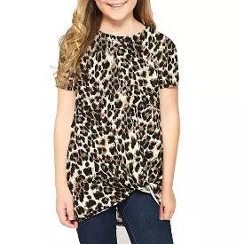 Girls short sleeve leopard print twist top