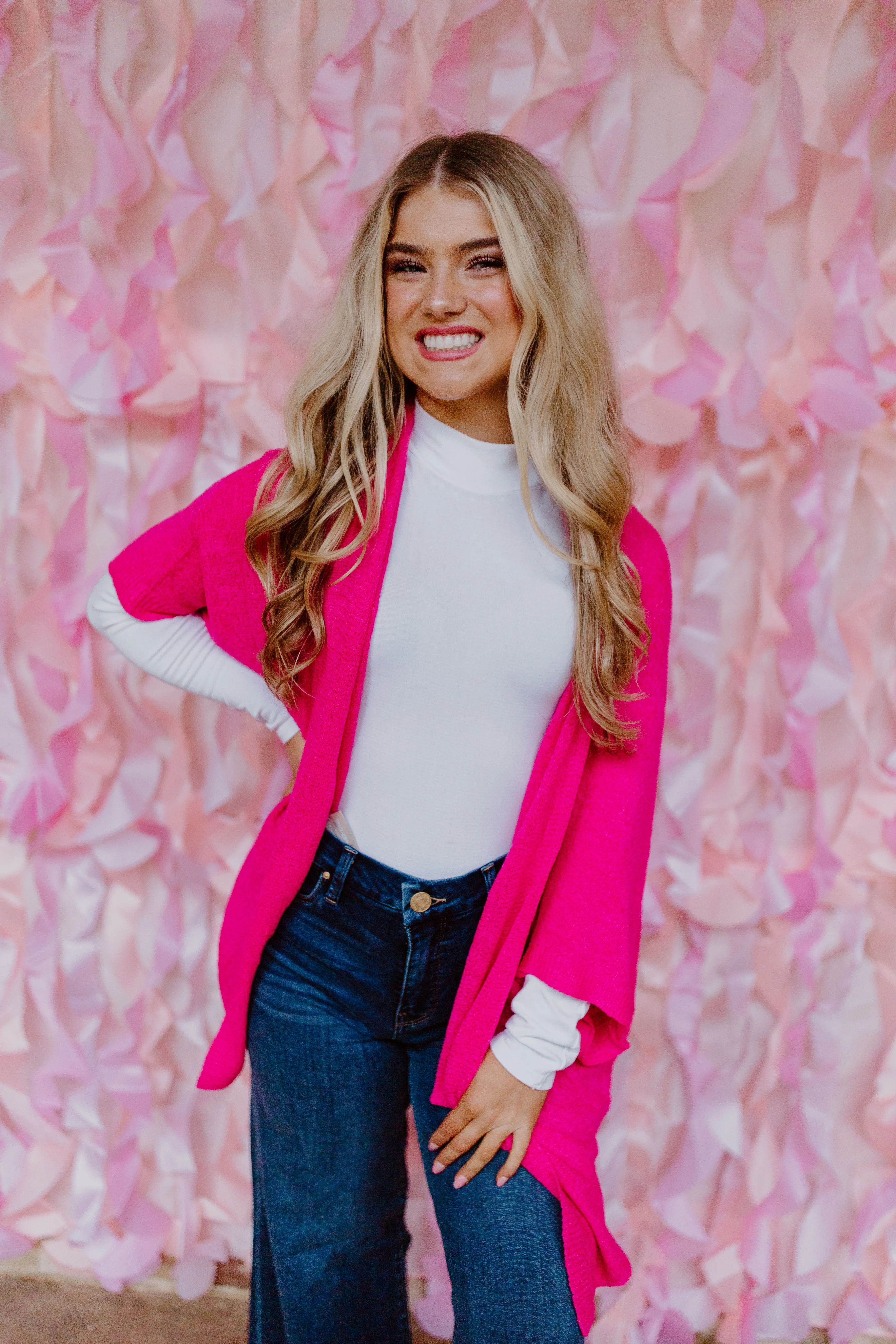 Hot Pink Knit Dolman Sleeve Cardigan