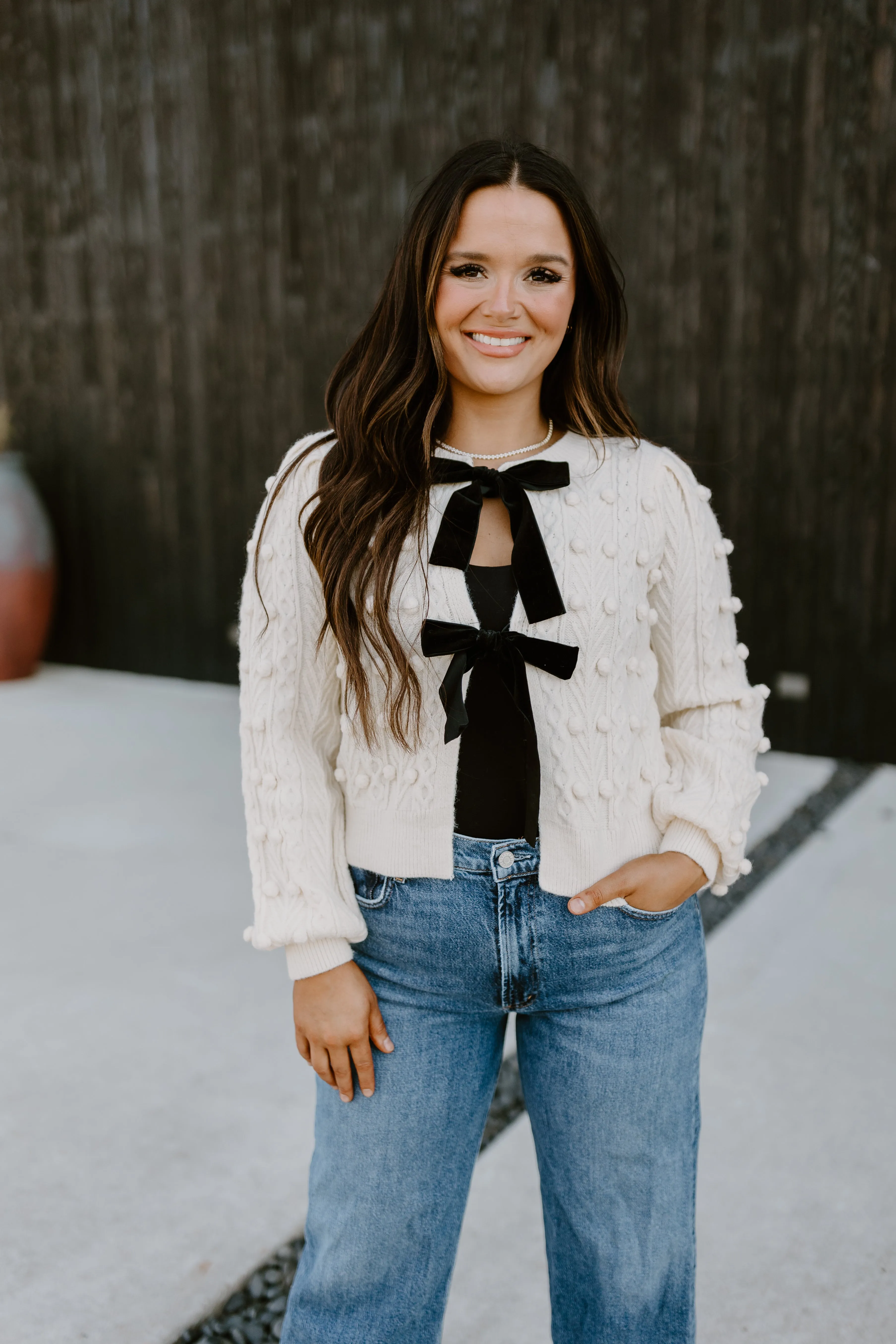 Ivory Bow Front Cable Knit Cardigan