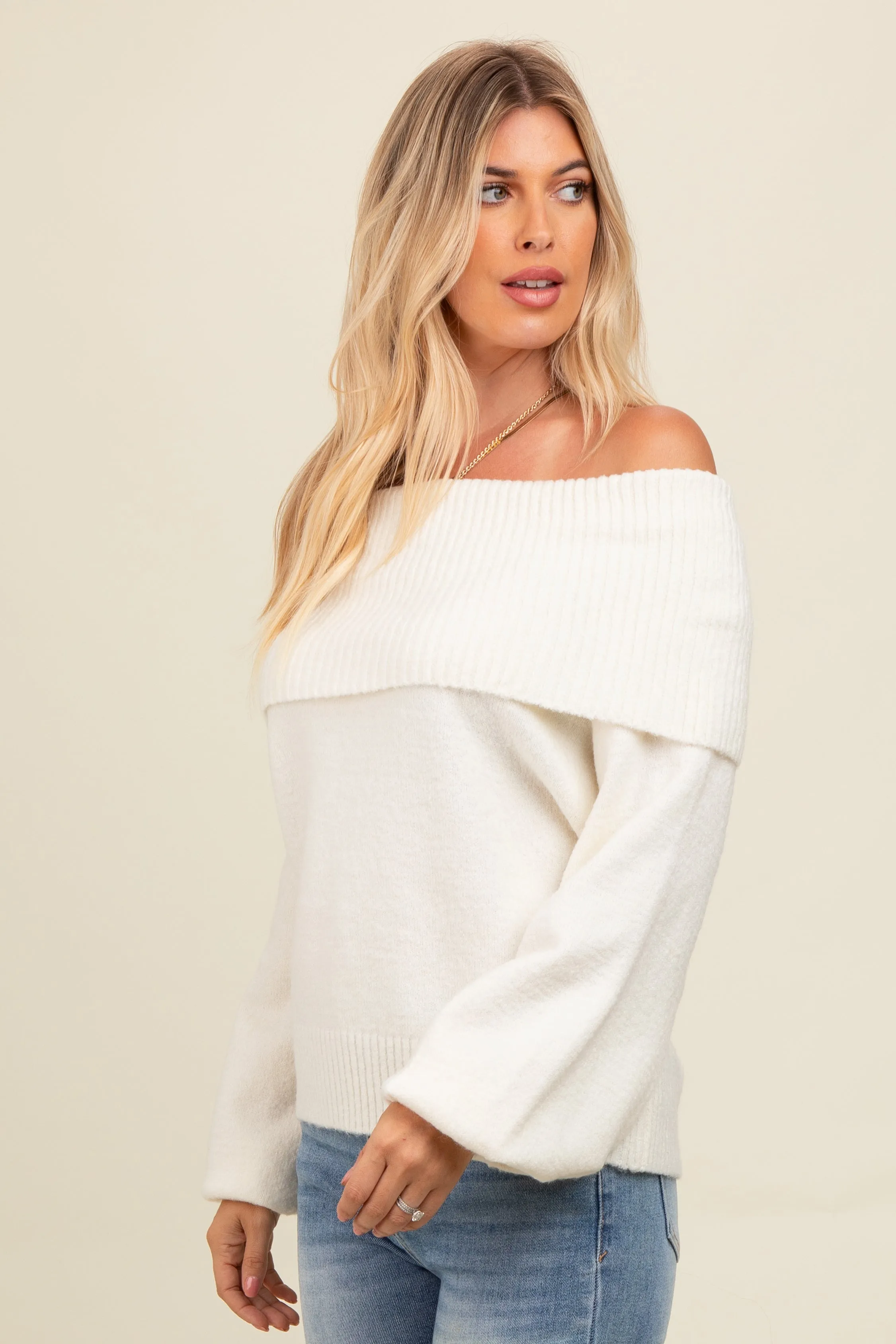 Ivory Off Shoulder Foldover Sweater