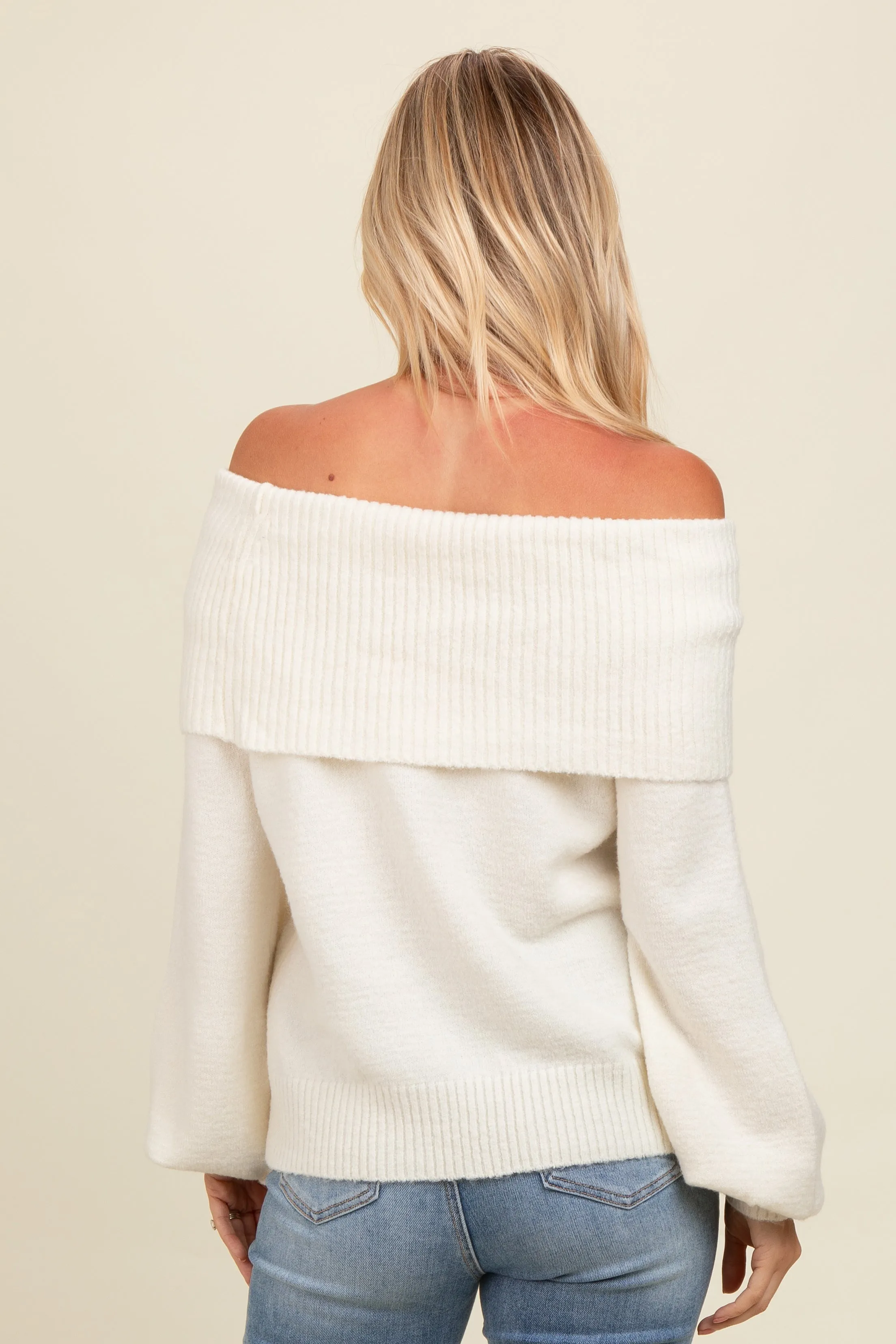 Ivory Off Shoulder Foldover Sweater