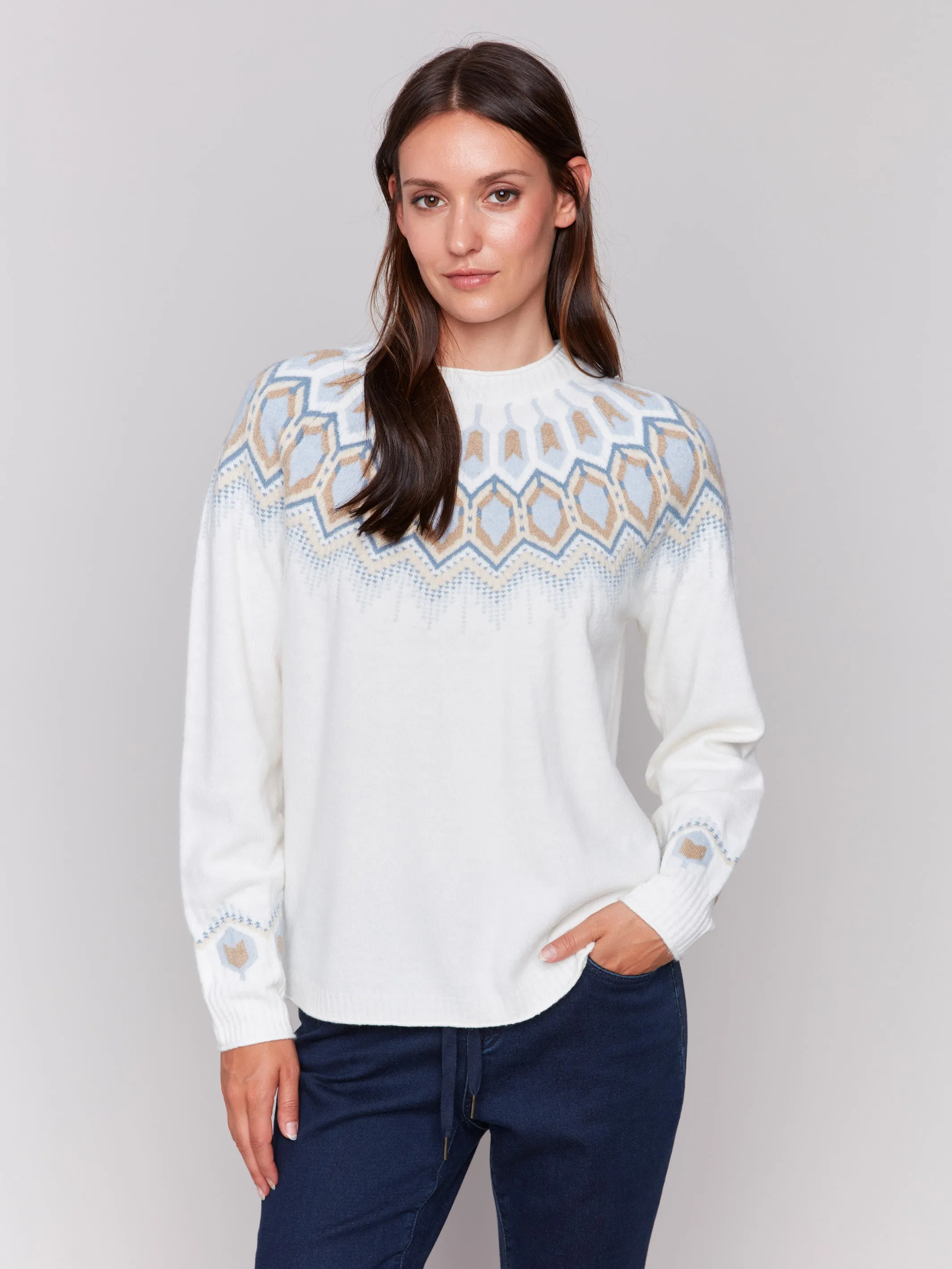 Jacquard Knit Ski Sweater - Cream