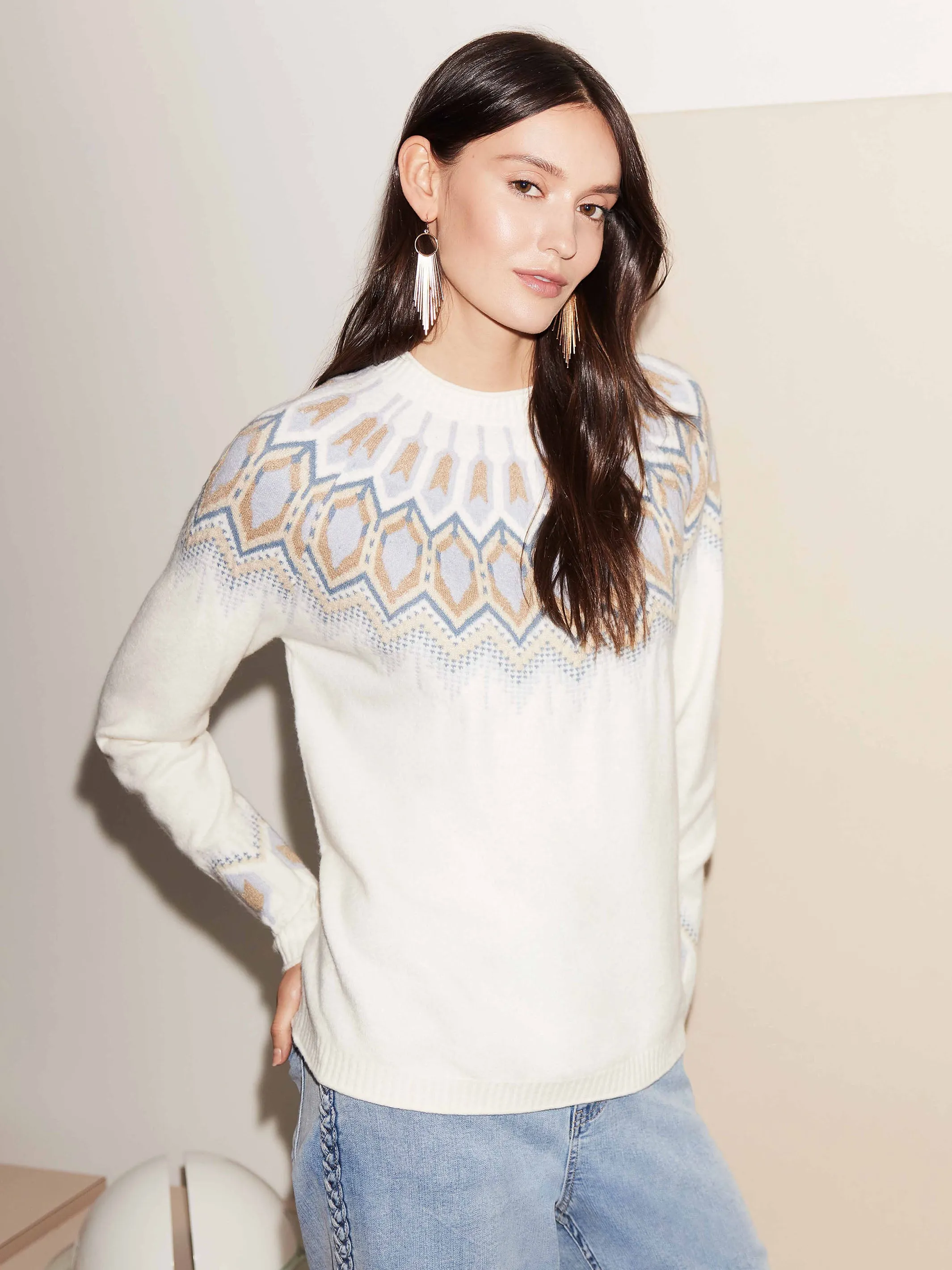 Jacquard Knit Ski Sweater - Cream